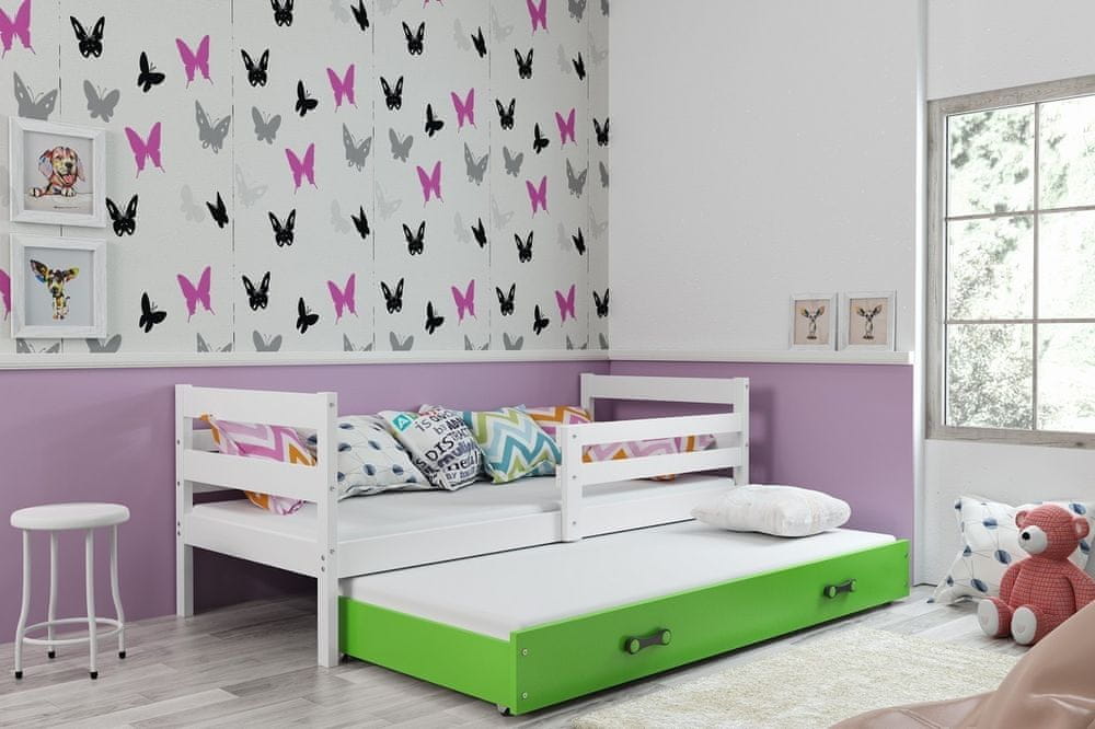 eoshop Detská posteľ Eryk - 2 osoby, 90x200 s výsuvnou prístelkou - Biela, Zelená
